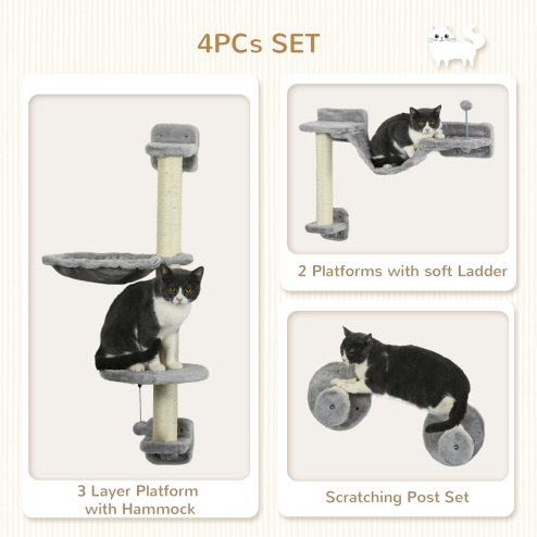 PawHut 4Pcs Wall Mounted Cat Shelves, with Hammock, Perches, Ladder, Scratching Post, Cat Wall Furniture for Large Cats, Grey