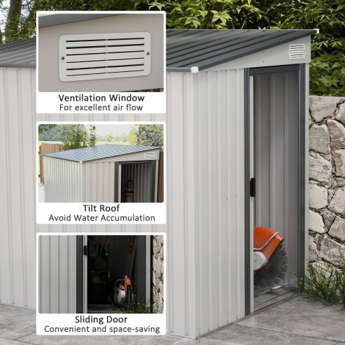 Outsunny 7 x 5FT Galvanised Metal Garden Shed with Foundation, Lean to Shed, Tool Storage House with Sliding Doors, 2 Vents, Adjustable Shelves and Hooks, White