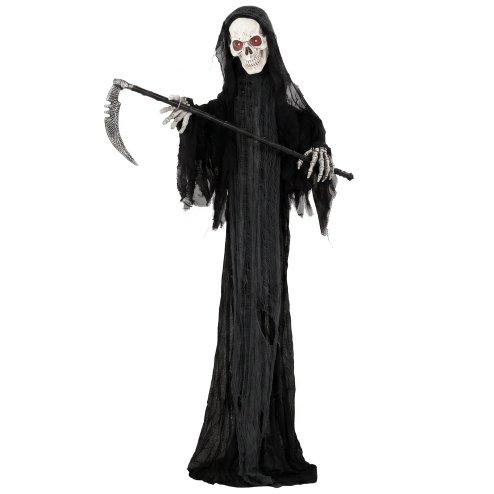 HOMCOM 183cm Life Size Animated Grim Reaper Halloween Decorations Outdoor Indoor, Scary Halloween Animatronics Decor with Sound Touch Activated, Animated Prop with Light Up Eyes for House Garden
