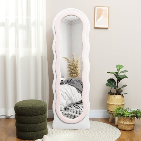HOMCOM Irregular Wavy Mirror Full Length, 160 x 50cm Free Standing, Leaning or Wall Mirror with Velvet Wrapped Frame and Arched Top for Living Room, Bedroom, White and Pink