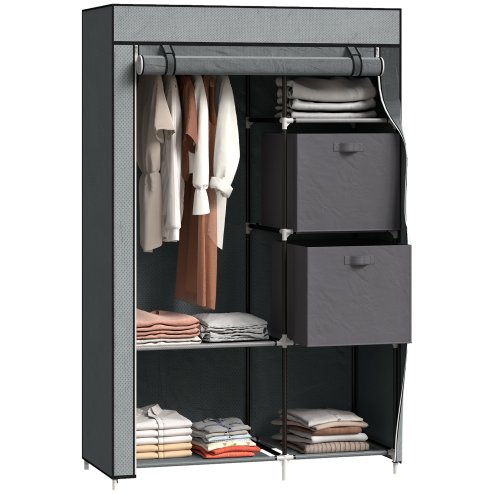 HOMCOM Fabric Wardrobe, Portable Wardrobe, Clothes Storage Unit with 5 Compartments, Hanging Rail and 2 Fabric Drawers, 102 x 42.5 x 162.5cm, Dark Grey