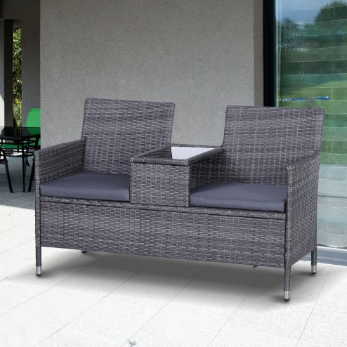 Outsunny 2 Seater Rattan Sofa with Cushions, Wicker Garden Loveseat with Armrests, Outdoor Garden Sofa Couch with Metal Frame for Patio, Mixed Grey