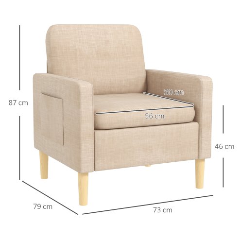 HOMCOM One Seater Sofa for Living Room, Modern Fabric Armchair with Wood Legs and 2 Pockets, Accent Chair for Bedroom and Home Office