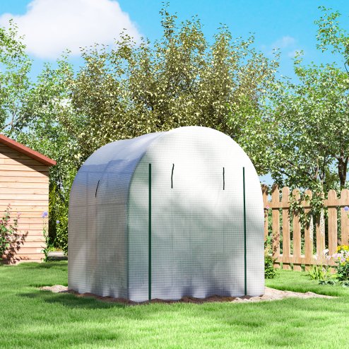 Outsunny 1.8 x 1.8 x 2m Polytunnel Greenhouse with Doors and Mesh Windows, Walk-in Grow House Tent with UV-resistant PE Cover and Steel Frame, White