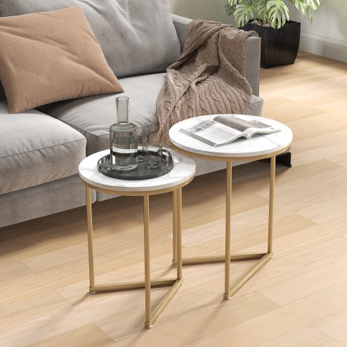 HOMCOM Nesting Coffee Table Set of 2, Modern Nest of Tables, Round Sofa Side Tables with Metal Frame for Living Room, Bedroom, Small Space, Gold Tone