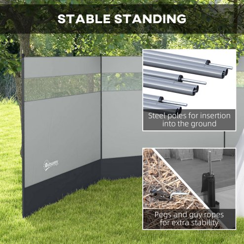 Outsunny Camping Windbreak, 4 Pole Windbreaker Blocker with Clear Windows, Carry Bag and Steel Poles, for Beach Caravan Campervan, 440 x 140cm, Grey