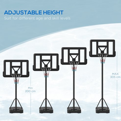SPORTNOW Height Adjustable Basketball Hoop and Stand, Freestanding Basketball Stand, Net w/ Wheels, Enlarged Base, PE Backboard, 2-3.05m - Black