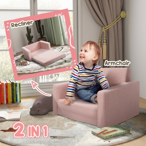 AIYAPLAY Toddler Sofa, Kids Sofa Bed, 2 in 1 Recliner Foldable Kids Armchair with Washable Cushion, Cover, for 1.5-3 Years Old, One Seater, Pink