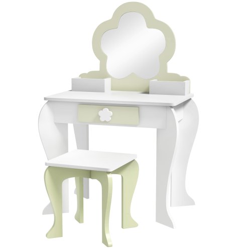 ZONEKIZ Dressing Table with Mirror and Stool, Kids Vanity Table with Drawer, Storage Boxes, Beauty Flower Design Girls Dressing Table for Ages 3-6 Years - White