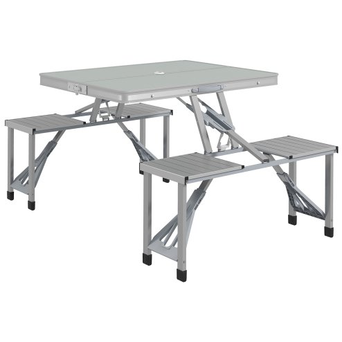 Outsunny Folding Picnic Table with 4 Seats and Umbrella Hole, Aluminium Frame Portable Camping Table Set for Patio, Porch, Garden, Grey