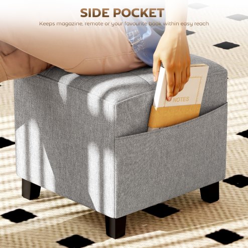 HOMCOM Square Footstool, Small Ottoman with Side Pocket, Linen Fabric Footrest Foot Stool with Rubber Wood Legs and Padded Seat for Living Room, Bedroom, Entryway, 35 x 35 x 35cm, Light Grey