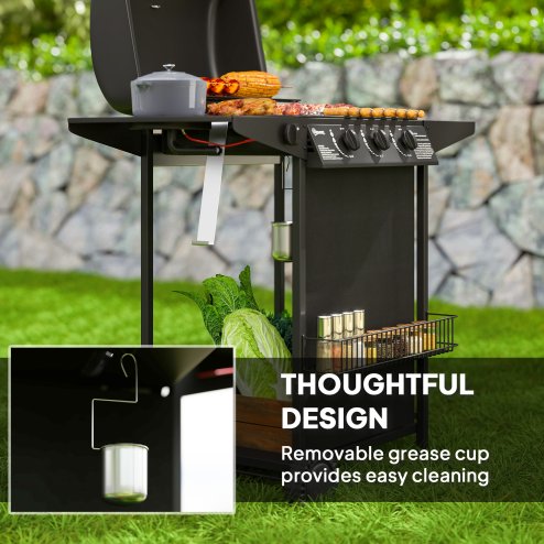 Outsunny 3+1 Burner Gas BBQ Grill with Built-in Thermometer, Lid, Portable Gas Barbecue Grill with Side Table, Shelf, Spice Rack, Wheels, Grease Cup for Garden Party Outdoor Cooking, Black