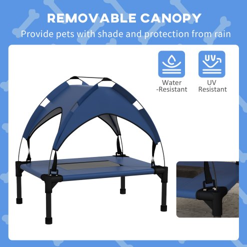 PawHut Cooling Raised Dog Bed, Elevated Pet Bed with Breathable Mesh, UV Protection Canopy, Foot Pads, for Indoor Outdoor, Mini, Small Dog, 61 x 46 x 63cm - Dark Blue