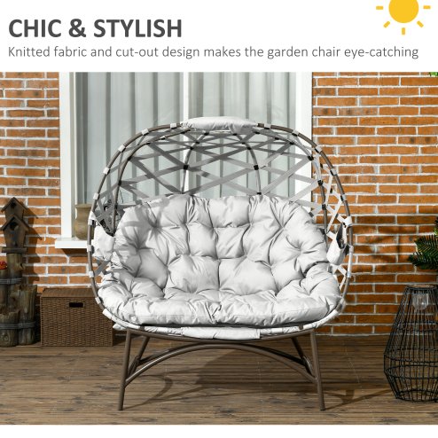 Outsunny Egg Chair Outdoor, 2 Seater Folding Weave Garden Furniture Chair with Cushion, Cup Pockets for Patio Balcony - Light Grey
