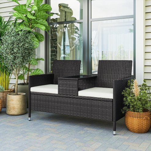 Outsunny 2 Seater Rattan Sofa with Cushions, Wicker Garden Loveseat with Armrests, Outdoor Garden Sofa Couch with Metal Frame for Patio, Black