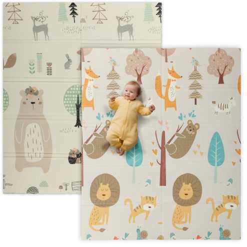 AIYAPLAY Baby Play Mat Double Sided, Foldable & Reversible Activity Playmat, Waterproof Kids Foam Crawling Mat for Outdoor Indoor Playtime Picnics, 177 x 146 x 1.5cm, Animal Theme