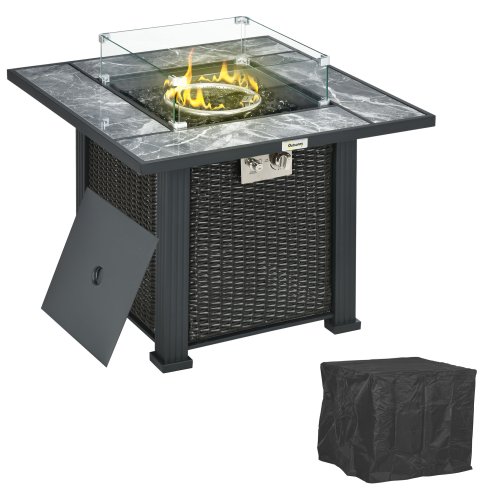 Outsunny Outdoor PE Rattan Gas Fire Pit Table, Patio Square Propane Heater with Marble Desktop, Rain Cover, Glass Windscreen, and Glass Stones, 50,000 BTU, Black