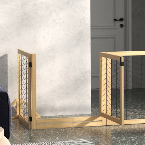 PawHut Freestanding Pet Gate, 8 Panels Dog Playpen, Foldable Dog Barrier with 2 Pcs Support Feet, for House, Doorway, Stairs, Small and Medium Dogs - Natural Wood