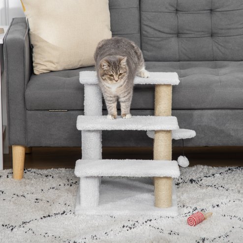 PawHut Pet Stair, Cat Tree with 3-step Climb Ladder, Scratching Posts, Platforms, Toy Ball, for Indoor Elderly Cats Kittens, White