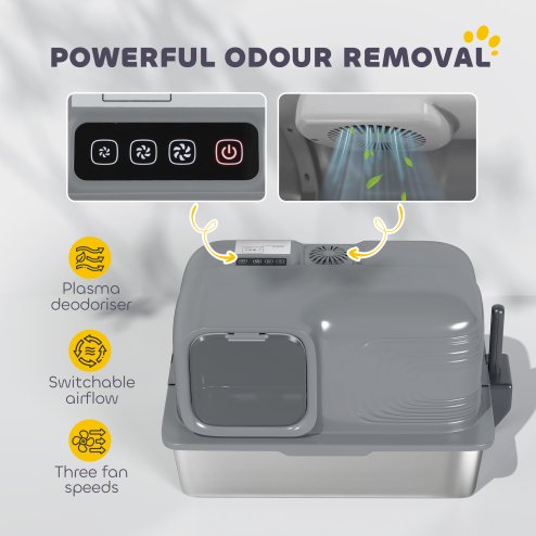 PawHut Stainless Steel Litter Tray with Plasma Deodoriser System, 65L Extra Large Enclosed Litter Box with Lid High, Sided Wall and Scoop for Larger Cats, Easy to Clean & Odour-Resistant, Grey