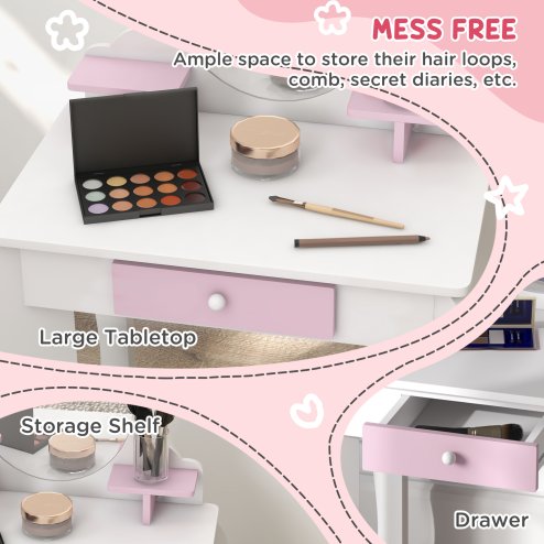 ZONEKIZ Kids Dressing Table with Mirror and Stool , Kids Vanity Table Girls Dressing Table with Drawer, Storage Shelf, Rabbit Design, for Ages 3-6 Years - White and Pink