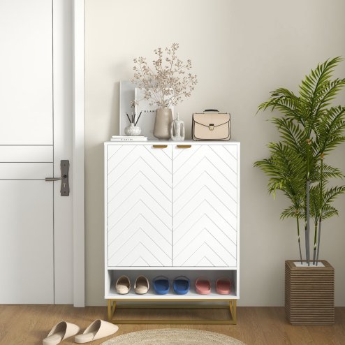 HOMCOM Shoe Cabinet, 12 Pairs Shoe Storage Cabinet with 2 Chevron Doors, Adjustable Shelf, Open Shelf and 6 Vents for Entryway, Hallway, White