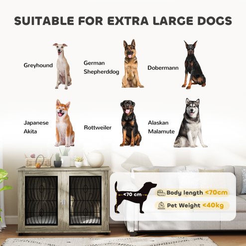 PawHut Dog Crate Furniture, Dog Cage with Soft Washable Cushion, Furniture-Style Pet Kennel Indoor House End Side Table for Small Medium Large XL Breeds, 118 x 75 x 82 cm, Grey