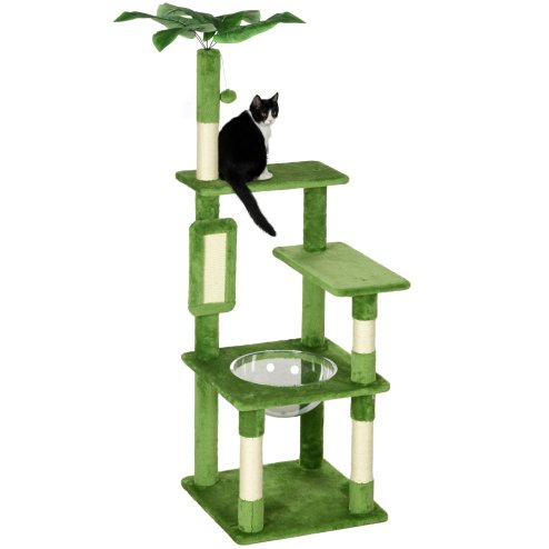 PawHut 142cm Cat Tree for Indoor Cats, Cat Tower with Scratching Posts, Scratch Board, Hammock, Toy Balls, Multi-level Platforms, Green