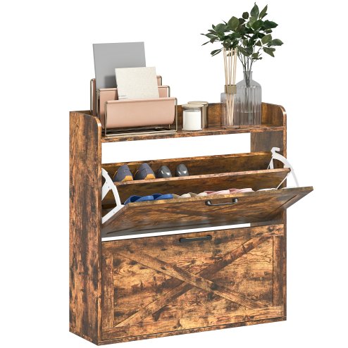 HOMCOM 2 Drawer Narrow Shoe Cabinet, Farmhouse Slim Shoe Storage Cabinet Cupboard with Adjustable Shelves and Barn Door Design for Entryway, Hallway, Rustic Brown