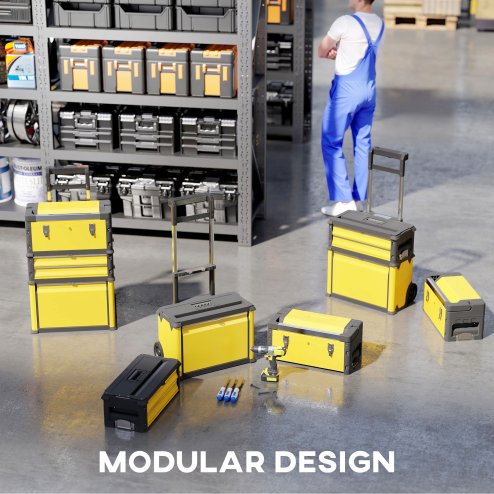 HOMCOM 3-in-1 Rolling Tool Box, Stackable, Modular Powder Coated Steel Toolbox with Tray, Handles, Latches, Wheels, Heavy Duty Tool Storage System for Workshop, Garage, 520mm x 320mm x 720mm, Yellow