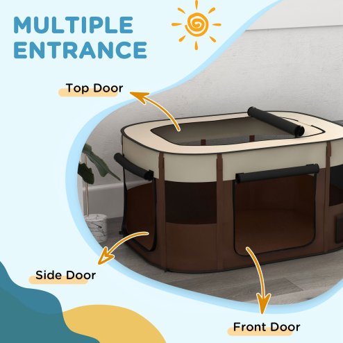 PawHut Dog Pen, Pet Playpen, Portable Foldable Dog Cat Playpen Soft Pet Cage with Storage Bag for Puppies, Rabbits, Kittens, Guinea Pigs, 114 x 89 x 59cm - Brown