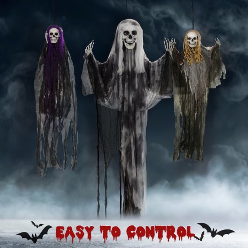 HOMCOM Life Size Hanging Skeleton Halloween Decorations, Set of 3 Scary Flying Ghost with Adjustable Arms for Haunted House, Garden, Party, 90/110/170cm