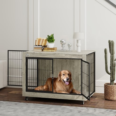 PawHut Dog Crate Furniture on Wheels, Dog Cage End Side Table with Lockable Double Doors, for Large Breeds, 100 x 60 x 73.5cm, Grey
