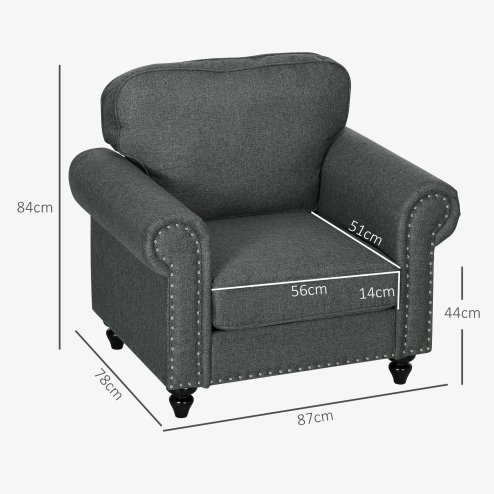 HOMCOM Fabric Accent Chair with Nailhead Trim Rolled Arms and Slatted Wood Frame, Upholstered Lounge Chair for Living Room, Bedroom, Home Office