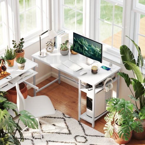 HOMCOM Computer Desk with Power Outlets, 120 x 60 cm Home Office Desk with Reversible Storage Shelves and Headphone Hook, Study Table Workstation for Bedroom, White