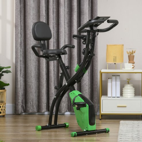 HOMCOM 2-in-1 Folding Exercise Bike, Foldable Stationary Bike with 8-Level Adjustable Magnetic Resistance, Arm Resistance Band, Pulse Sensor and LCD Monitor, Green