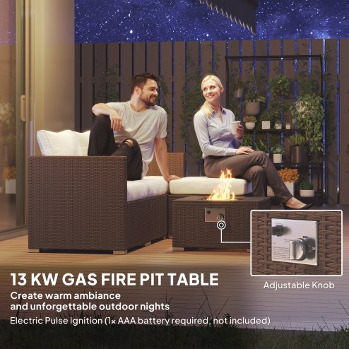 Outsunny 5 Piece Rattan Garden Furniture Set with Gas Fire Pit Table, 4 Seater Outdoor Sectional Sofa Set with Footstool and Removable Cushions, Modular Combination, Brown and Cream White