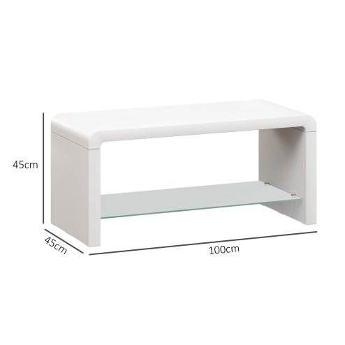 HOMCOM High Gloss Coffee Table with Storage, Two-Tier Living Room Table with Glass Shelf, Modern Centre Table for Home Office, 100 x 45 x 45cm, High Gloss White
