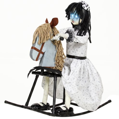 HOMCOM 72cm Animated Halloween Rocking Horse Girl Animatronic, Moving Haunted Doll with Colourful Glowing Eyes, Creepy Rhymes, Sound/Touch Activated, Holiday Prop for Indoor and Covered Outdoor