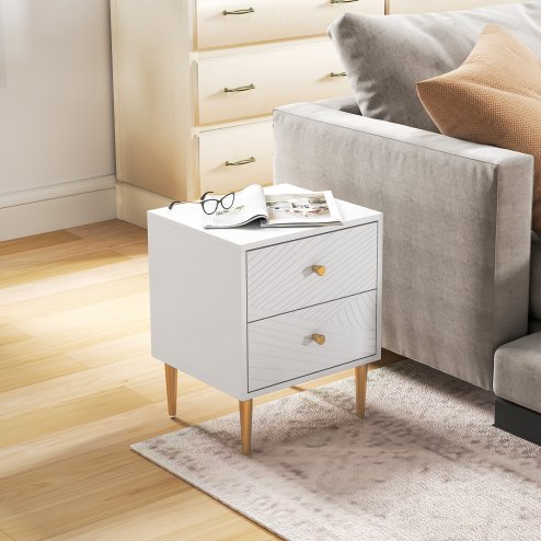 HOMCOM Bedside Table with 2 Drawers, Modern Side Table with Curved Line Panels and Metal Legs for Bedroom, Living Room, White