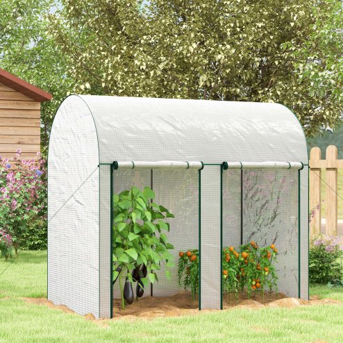 Outsunny Walk-In Greenhouse with Zipped Roll Up Doors, Small Tomato Greenhouse with Plastic Cover and Arched Top for Flowers, Vegetables and Herbs, 200 x 100 x 178cm, White