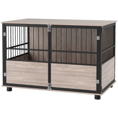 PawHut Dog Crate Furniture, Dog Cage End Table Indoor with 3 Doors, Furniture Style Dog Crate with Soft Washable Cushion, for Large Dogs, 100L x 60W x 68Hcm