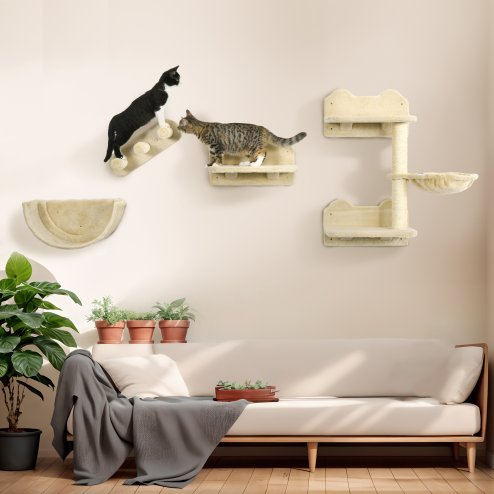PawHut 4PCs Wall Mounted Cat Tree Cat Wall Shelves Furniture Climbing Shelf Set Kitten Activity Centre w/ Hammock, Scratching Post - Beige