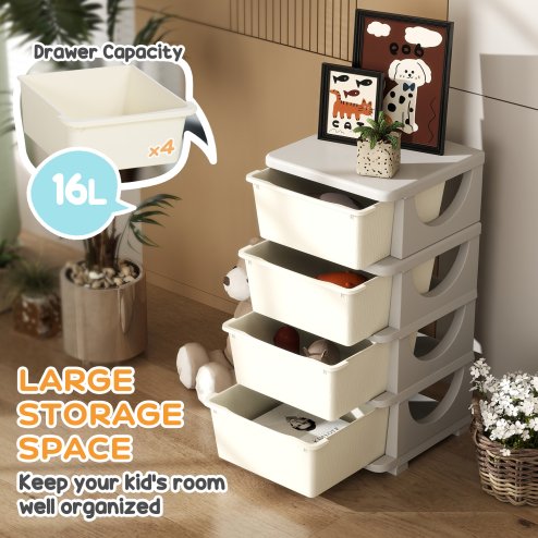 HOMCOM Kids Storage Units with 4 Drawers 4 Tier Chest Vertical Dresser Tower Toy Organiser for Nursery Playroom Kindergarten Cream