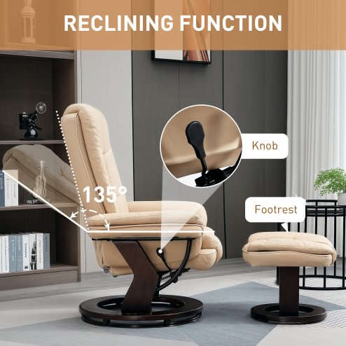 HOMCOM Recliner Chair With footstool, Recliner Armchair up to 130kg Weight Capacity, 135 Reclining Swivel Sofa Chair, PU Leather Ergonomic Couch Bed with Swivel Wood Base for Living Room, Beige