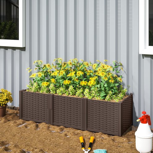 Outsunny Plastic Raised Garden Bed, Modular Planter Box Kit, Garden Fence Edging Border for Flowers, Vegetables, Herbs, Brown