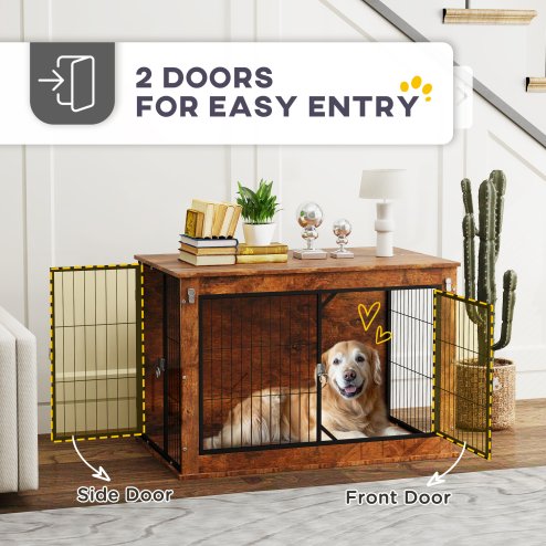 PawHut Dog Crate Furniture, Dog Cage End Table with Openable Top, Two Lockable Doors, for Large Pets, 98 x 60 x 65.5cm, Rustic Brown