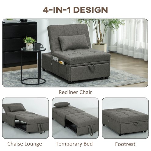 HOMCOM 4-in-1 Sofa Bed, Convertible Sleeper Chair Bed with Adjustable Backrest, Fabric Pull Out Chaise Lounge with Pockets for Living Room, Bedroom, Home Office, Small Space, Charcoal Grey