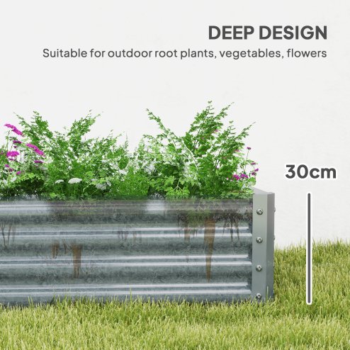 Outsunny Galvanised Raised Garden Bed, 180 x 90 x 30cm Raised Bed with Reinforcing Bars, Outdoor Raised Planter with Open Bottom for Vegetables, Flowers, Herbs, Silver