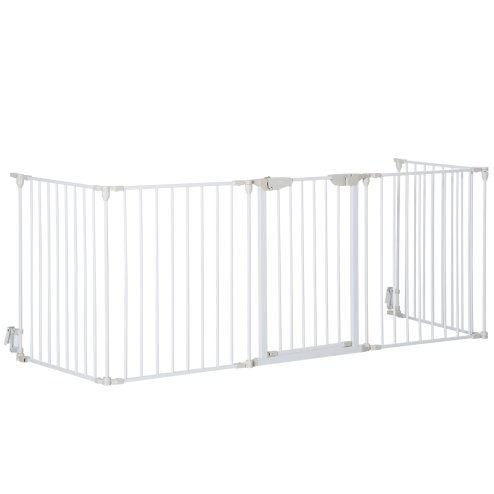 PawHut Pet Safety Gate, 5 Panels Playpen Fireplace, Metal Fence, Stair Barrier, Room Divider w/ Walk-Through Door - White